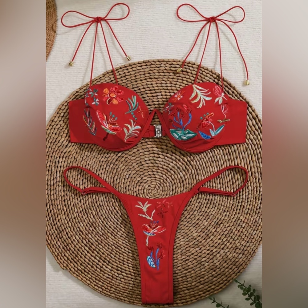 Embroidered Red Push Up Shoulder Ties Thong Bikini Set - Picture 4 of 11